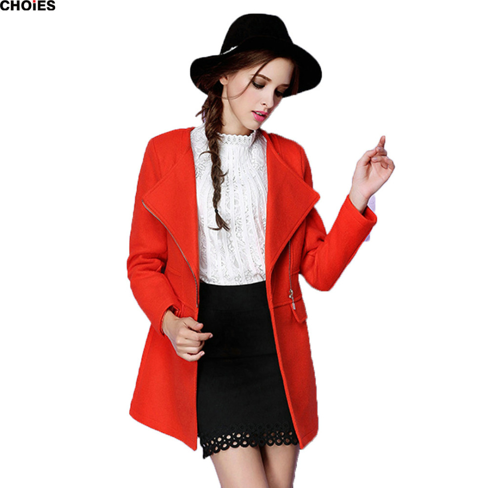 Women Red Turn Down Collar Open Front Zipper Woolen Coat 2016 Autumn Winter New Fashion Brand Warm Longline Outwear