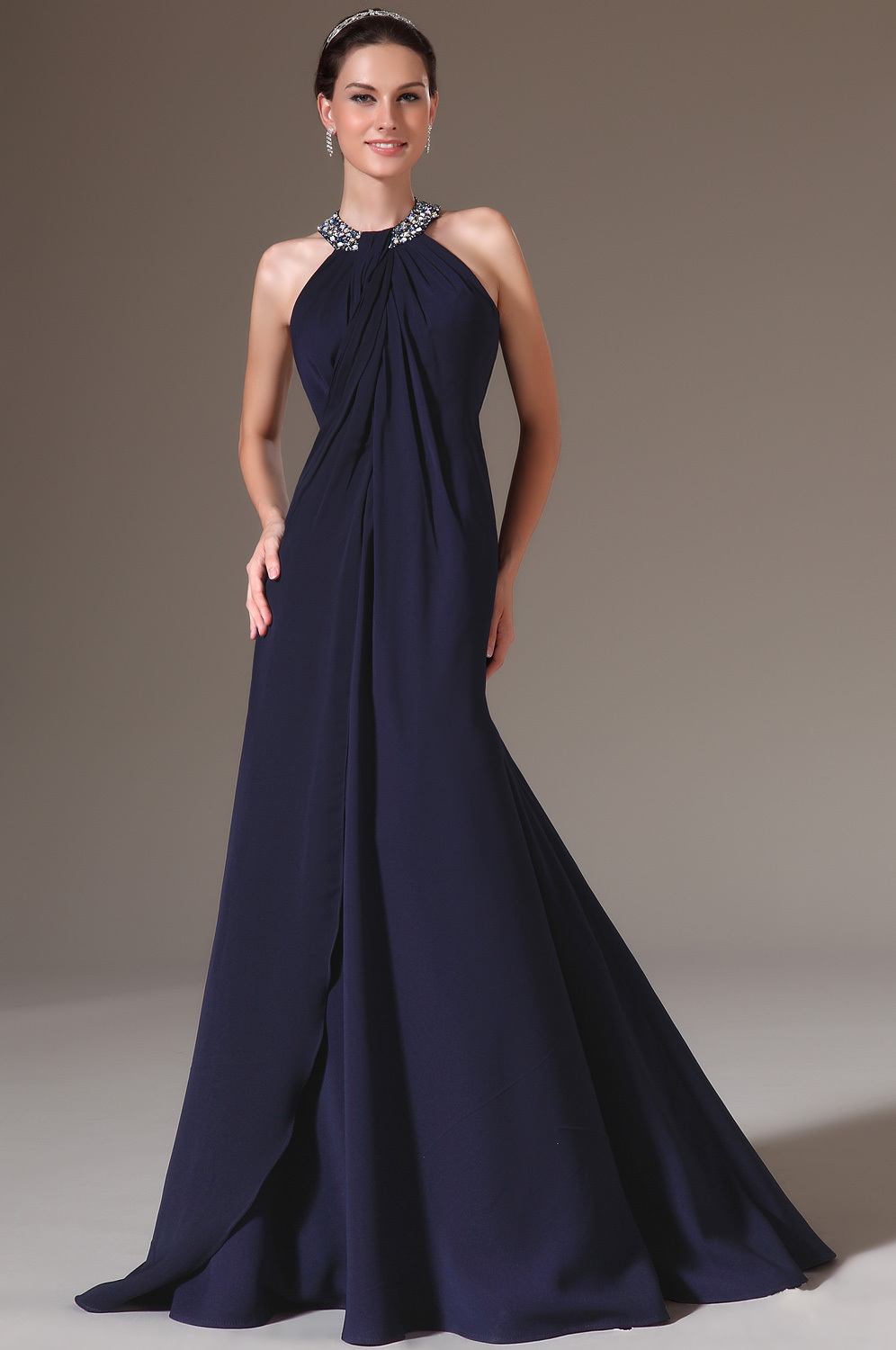 Navy blue satin halter dress