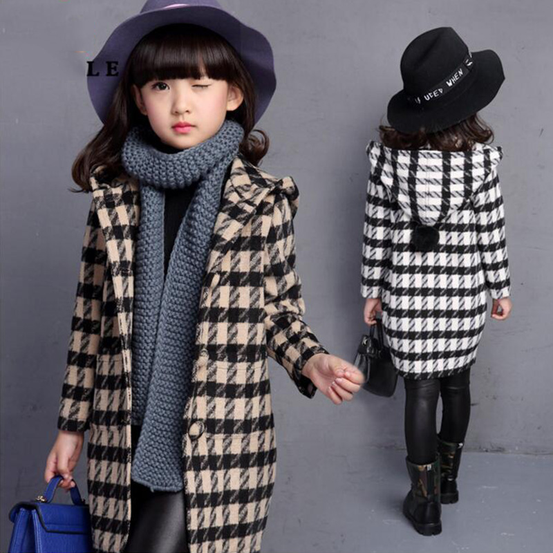 children's winter jacket 2015 new warm girls outerwear woolen coat plaid hooded long section kids wool overcoats for girl