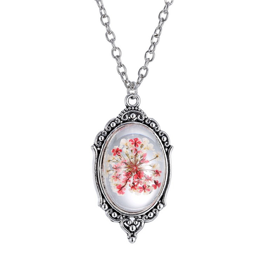 Women Glass Necklace Vintage Crystal Mirror Shape Natural Real Dried Red Flower Pendant Necklace Jewelry Trinket Travel Souvenir (5)