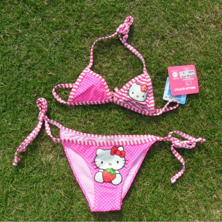 free shipping new 2015 hello kitty kids girls swimwear two pieces bikini set swimsuit