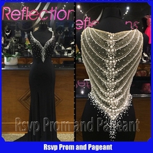 Long Evening Dress 2015 Real Sample V neck Black Mermaid Stunning Pearls Back Chiffon Floor Length