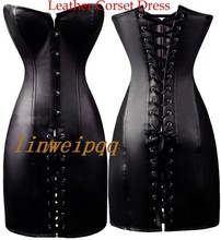 Black Sexy Lingerie Thick PVC Faux Leather Basque Corset Dress Club Wear H1632 S-XL