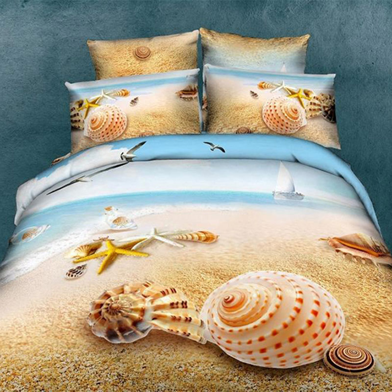 Unique Starfish&Shell on Beach Print 4 Piece Bedding Sets/Duvet Cover Sets (2 Pillowcases, 1 Duvet Cover, 1 Flat Sheet)