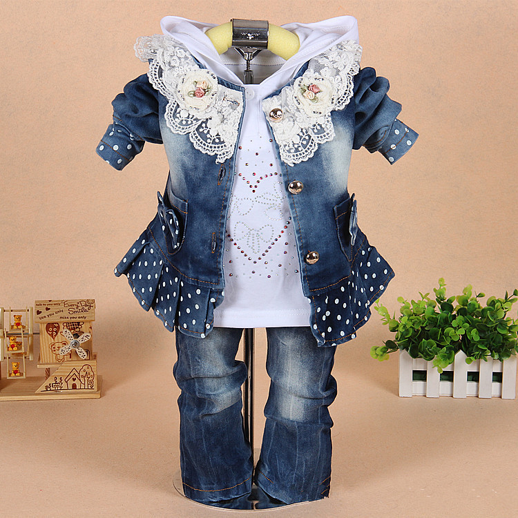 2014 children set baby Girls fashion dot Lace Jean 3pcs set top coat outerwear + Shirts+ Pant denim suit free shipping