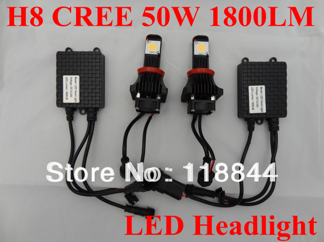 Free Shipping 2X1800LM H8 50W Cree LED HeadLight Kits Car/Truck high or low beams auto head