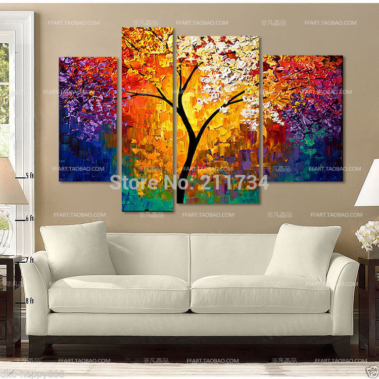 100% Hand Made No Framed Stretched Sunshine Branch CANVA PAINTING Abstract WALL DECOR Landscape Oil Painting On Canvas 4Pcs/Set