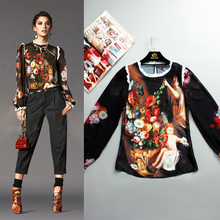 S-XXXL Angel Fashion Blouse Jacket Long Sleeved Silk Printing Painting Sexy Coat Plus Size Women 2016 And The New summer Runway