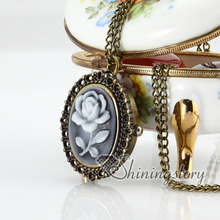 Brass bronze copper antique style openwork cameo rose pocket watch pendant long chain necklaces for men and women fashion