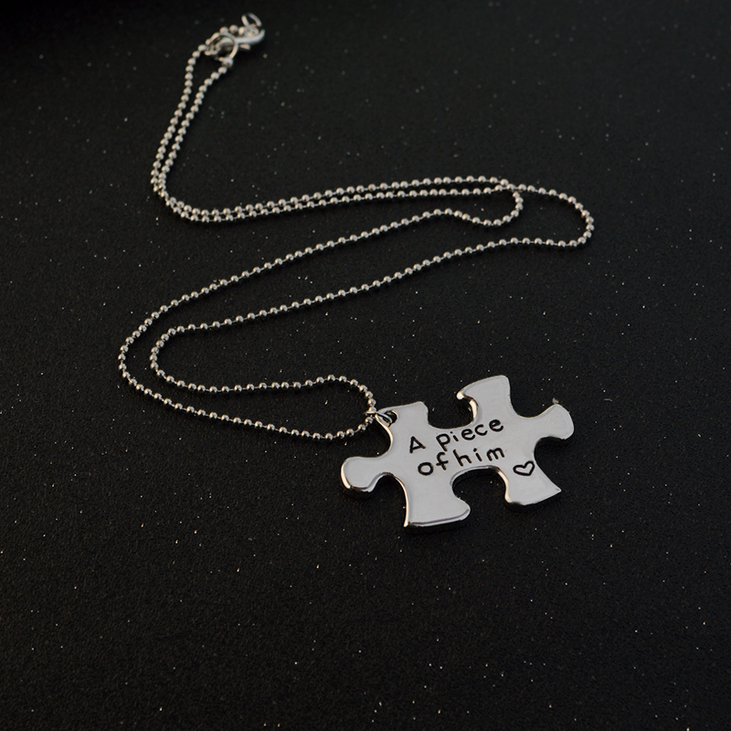 "A piece of her, A piece of him" Puzzle Couple Necklace Silver