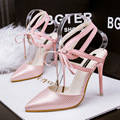 2016 New Summer Shoes Sweet Pink High Heels Shoes Pointed Rome Sexy Sandal Hollow Cross Straps