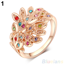 Women’s Austrian Crystal 9K Gold Plated Colorful Rhinestone Peacock Wedding Ring  07BL