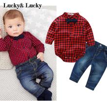 2016 new red plaid rompers shirts+jeans baby boys clothes bebe clothing set