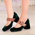 2017 New Fashion Velvet Medium Thick Heels Pumps Fashion Front Buckle Real Leather Lining Ladies Comfortable