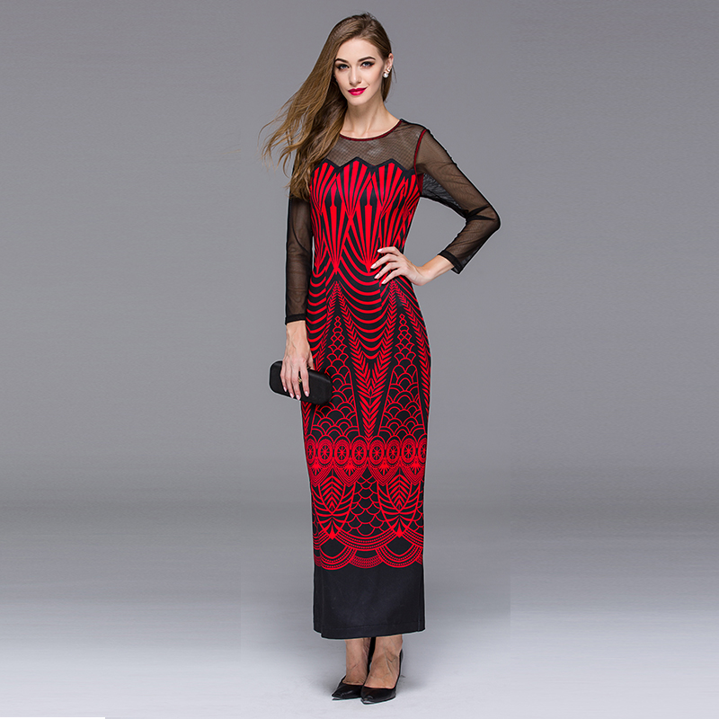 Vintage Women Dress 2015 New Autumn Brand Slim Long Sleeve Ankle-Length Hollow Out Print Long Dress