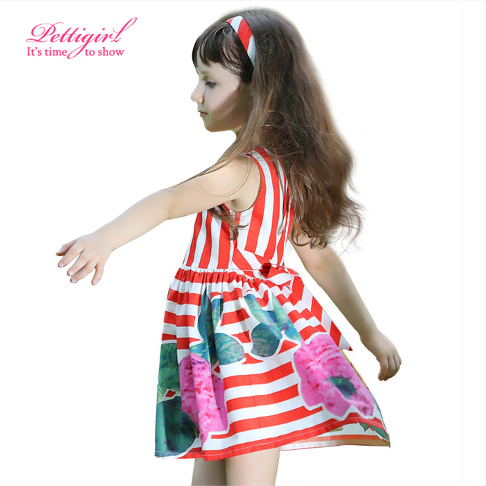 2015 New Design Girls Dress Red and White Stripe With Print Flower Kids Dresses Summer Children Clothing GD80828-125F