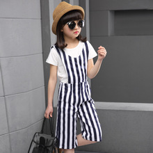 2016 Kids Girl Overalls Jumpsuit Girls Two Piece Cotton Overalls White T-shirt And Striated Overalls Kids Shipping Free