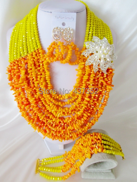 Lemon Yellow and Orange Party Nigerian Wedding African Coral  Beads Jewelry Set Free Shipping CPS3684