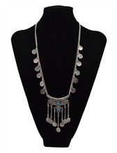 Bohemian vintage silver black stone moon pendant necklace long coin fringe chain necklace turkish female jewelry