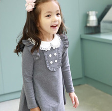 2015 spring autumn new arrival cotton dress doll collar long sleeved casual girls A-line mini dress kids clothing