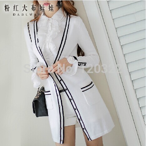DABUWAWA Original New Fashion 2014 Brand Spring and Autumn White Plus Size Elegant Casual Long Women Knitted Cardigan Wholesale