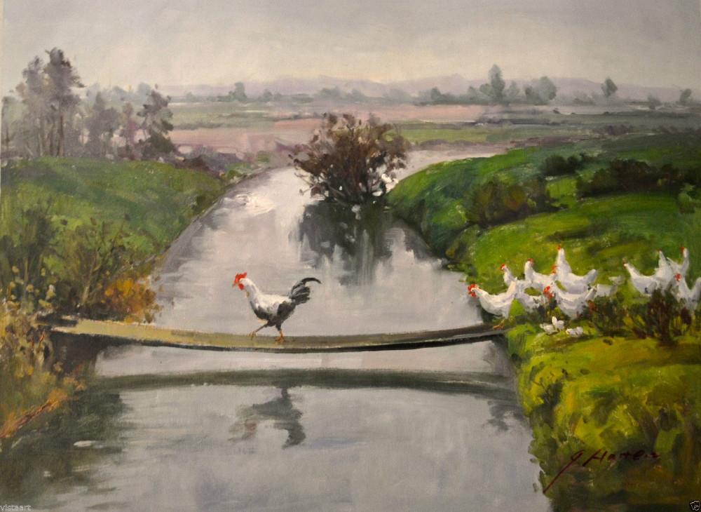 Quality Oil Painting on 36"x48" Chickens Crossing Bridge -in Painting