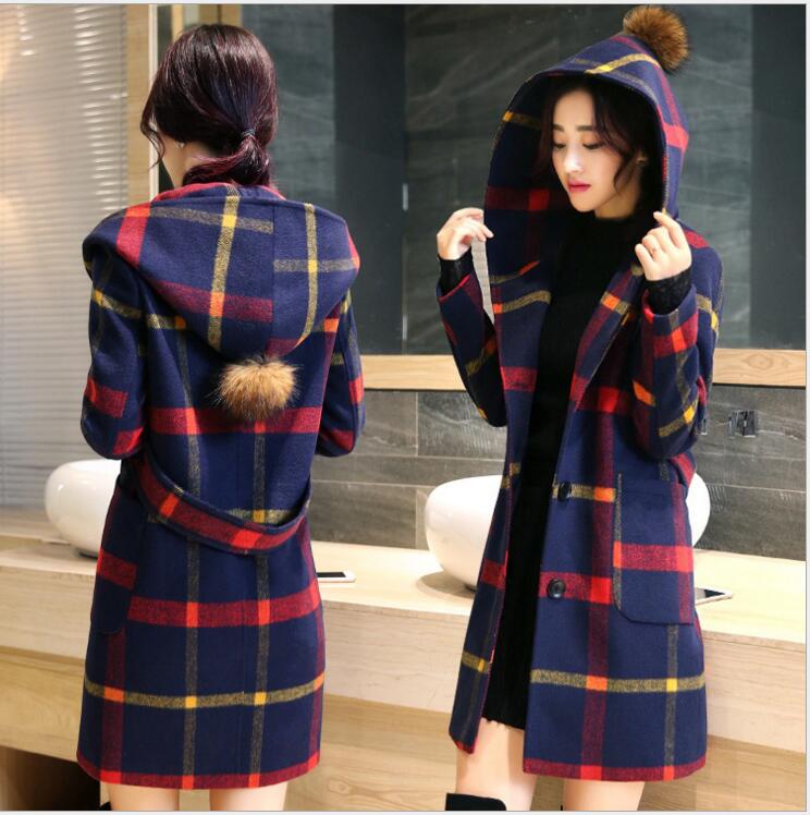 2016 fashion women font b tartan b font clothing long hooded coat girls jacket autumn winter