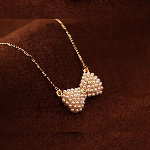 Free shipping hot New Design Fashion High quality Double pearl bow pendant necklace Statement jewelry for