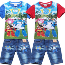 Hot New 2015 Summer POLI ROBOCAR Children Boys Clothing Sets Baby Kids Suitst Shirt Jeans Shorts Pants 100% Cotton Clothes Sets