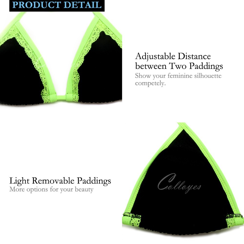 CA151003-800 Newest Colloyes Triangl Bikini Set Sexy Black + Double Green Lace Trim Triangle Top with Classic Cut Bottom Bikini Swimwear Swimsuit (7)