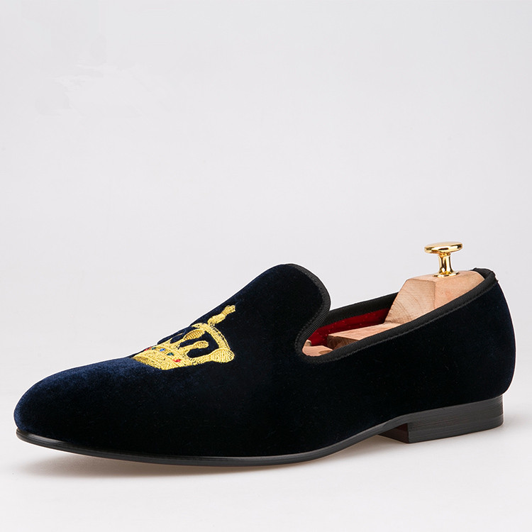 men casual shoes embroidery black velvet loafers slippers US size 6-13 free shipping