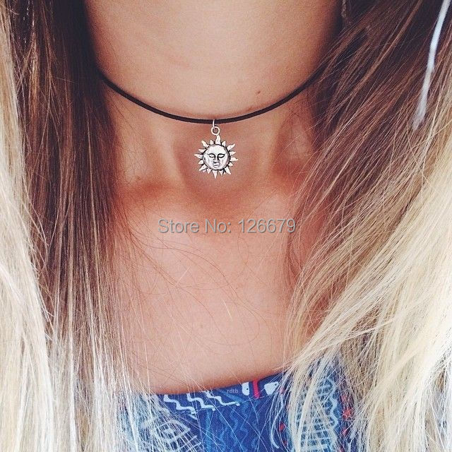 2015 New Fashion Silver Sun Flower Face Pendant Black Leather Chain Chocker Necklace Jewelry Product for