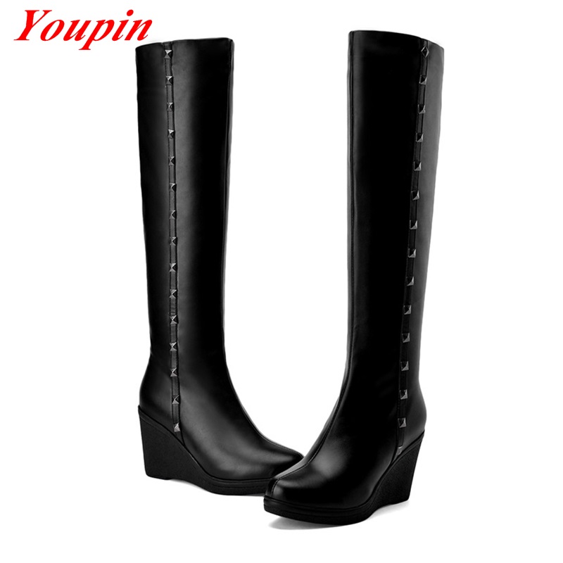 Fashion Slope Women Boots 2015 Short Plush Knee High Boots Black Boots Size 32-43 Winter Boots Round Toe Long Boots Knight Boots