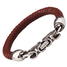 Mens Brown Leather Bracelet Braided Rope Wristband w Stainless Steel Byzantine Link about 8.66inch LBW85