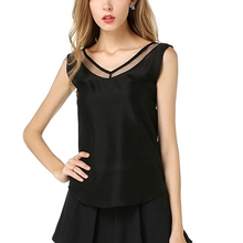 2016 Women Tank Tops Summer Vest Fashion Plus Size Chiffon V Neck With Mesh Trim Sleeveless Sexy Blouse Casual T-shirt