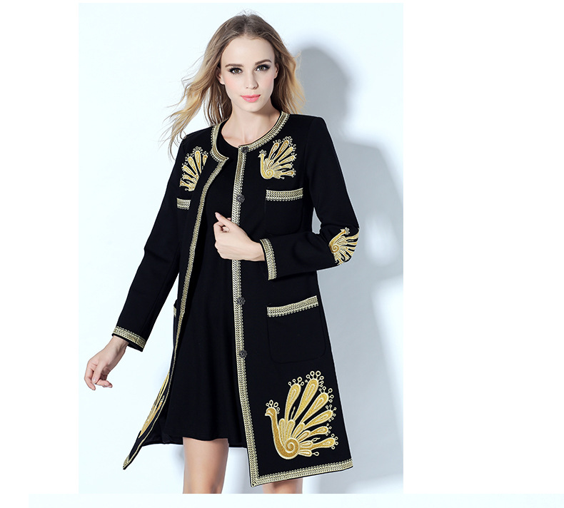 Long Coat 2015 Autumn Winter New Fashion Runway Women's Elegant Long Sleeve Animals  Embroidery Black Long Jakcet