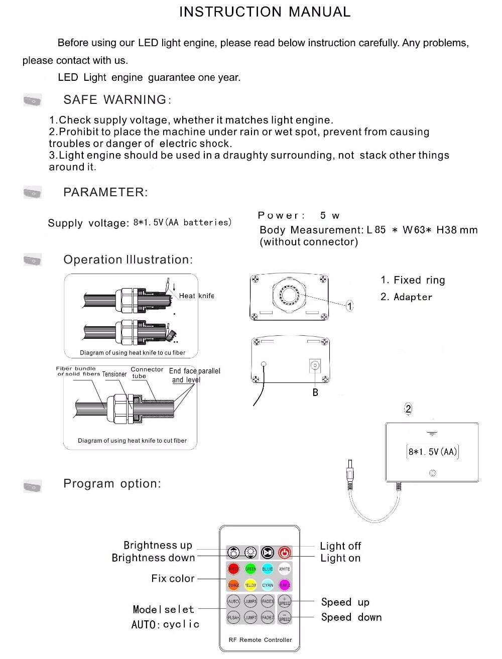 Description Picture 2 of item5w led fiber light source,with 20key RF remote controller,with battery box
