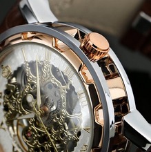2016 New Luxury Skeleton Mechanical Wrist Watch high quality man watches PU Leather Band Clock Male