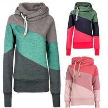 2016 Spring New Casual Fashion Slim Patchwork High Collar Long Sleeve Pocket Women Sportwear Hoodies Hooded Sweatshirts Pullover
