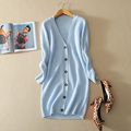 Women s 100 pure cashmere knitting long thick cardigan with V neck single breasted slim fitting