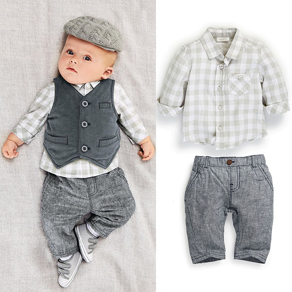 New Newborn Kids Clothing Sets Baby Boy Grey Waistcoat + Pants + Shirts Clothes Sets Suit 3PCS Freeshipping