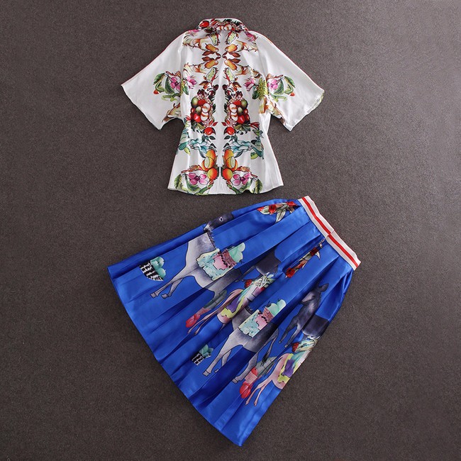 2015 Fashion Runway Style Print Short Sleeve Shirt and Print Ball Gown Skirt Women 2 pieces Set (9)