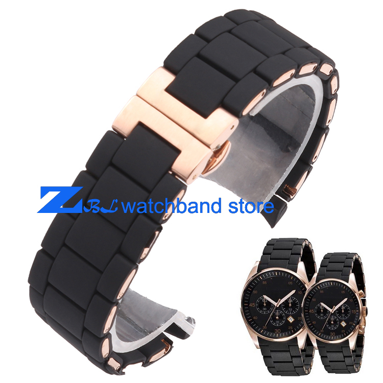 Rubber watchband Rose gold in Black silica gel for AR5905 male 23mm AR5906 female 20mm watch strap