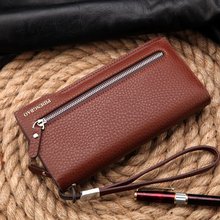 Hot New Brand Design zipper Fashion black genuine leather men wallets long casual brown purse cartera
