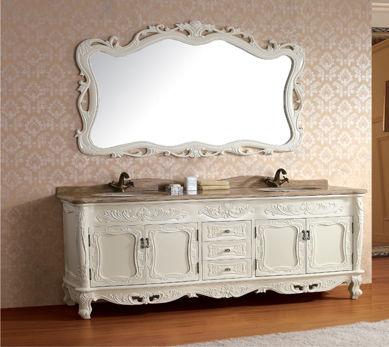 Solid wood antique bathroom cabinet with mirror and sink
