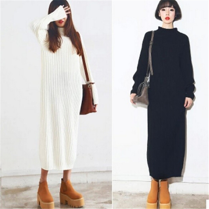 New Winter Women Sweaters And Pullovers X-Long Sweater Dress Loose Solid Knit Pullover Slim Long-Sleeved Sweater Dresses C1473