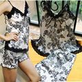 Sexy Women Faux Silk Pajamas Set Lace Floral Braded Nightgowns V Neck spaghetti strap Sleepwear Lingerie