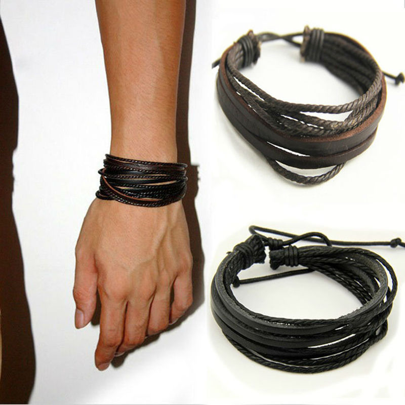 Leather Plaited Bracelet Wristband MENS BOYS LADIES GIRLS surfer *Choose Colour*