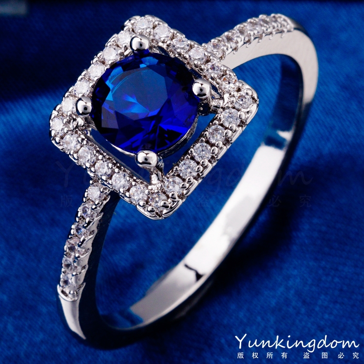 Classic hollow out design Fashion Blue CZ Diamond Rings Real white Gold plated high end Brand