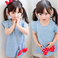 2016 New Denim Jeans Color Cotton Solid Light Blue Girls Summer Style Dresses Clothes Bow Mickey
